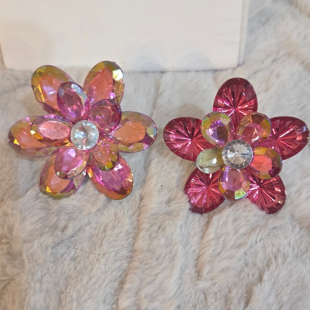 Set of 2 Pink AB Iridescent Flower Cocktail Rings Adjustable Statement Jewelry